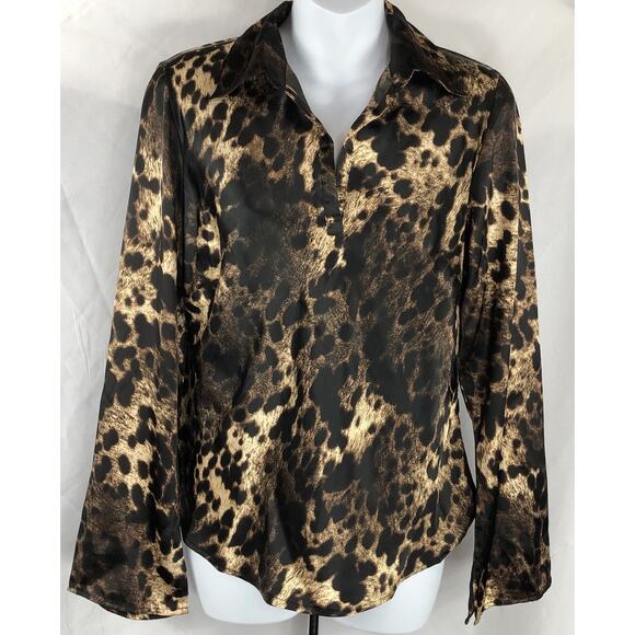 Vintage Satin top S leopard cheetah flare long sleeve whimsigoth Glam grunge 90s - Picture 5 of 5
